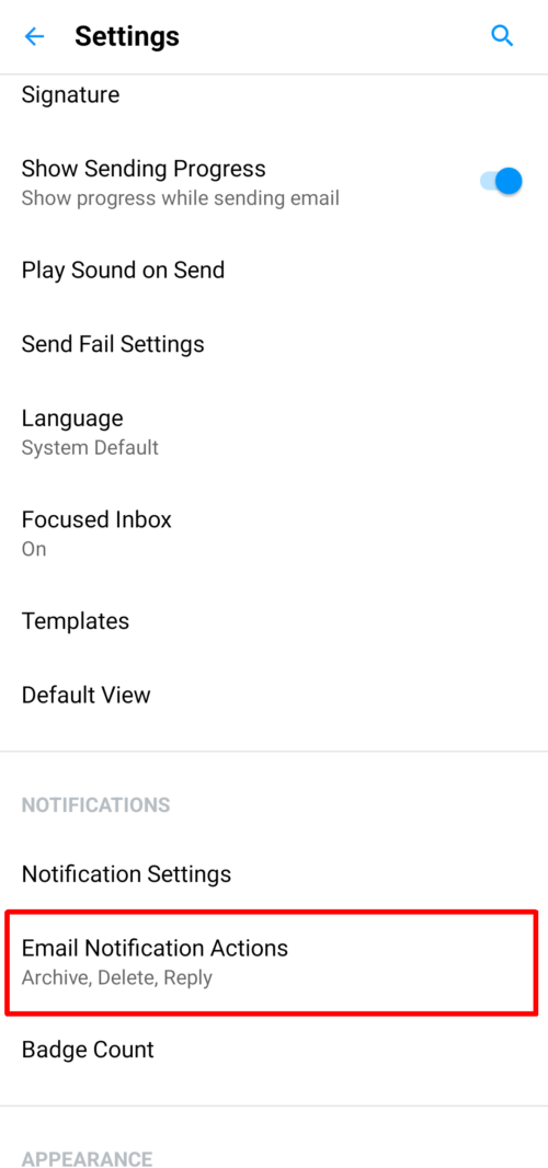 Settings - EMail Notification Actions