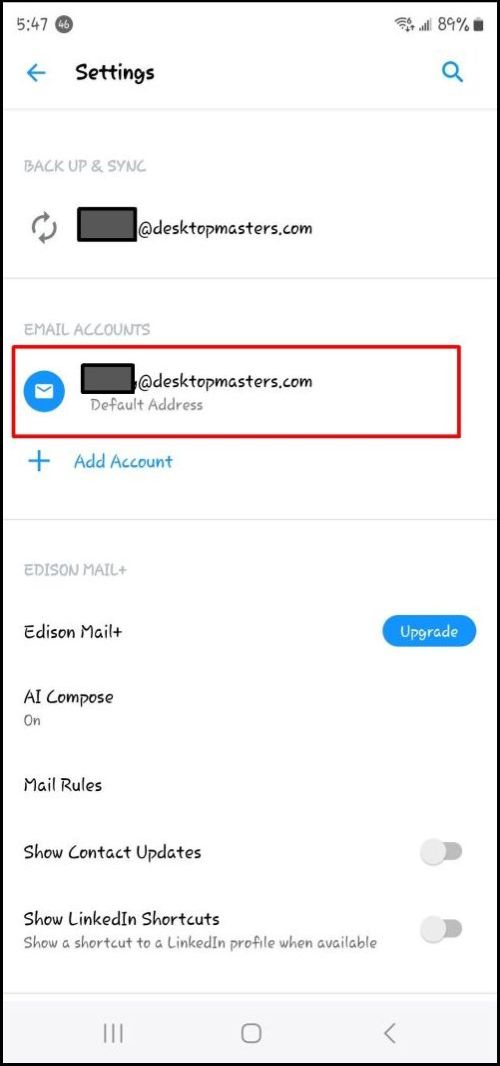 Settings - Select EMail Account