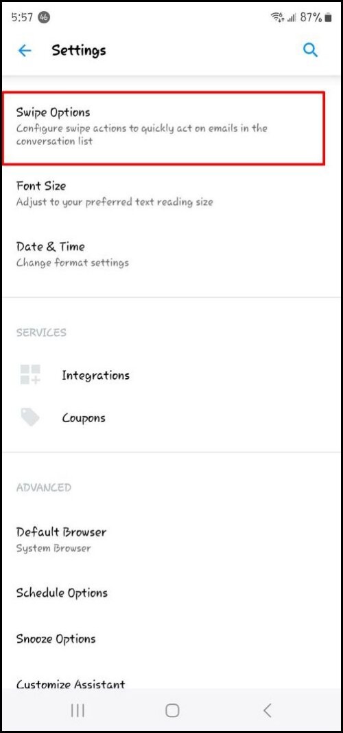Settings - Swipe Options - Select